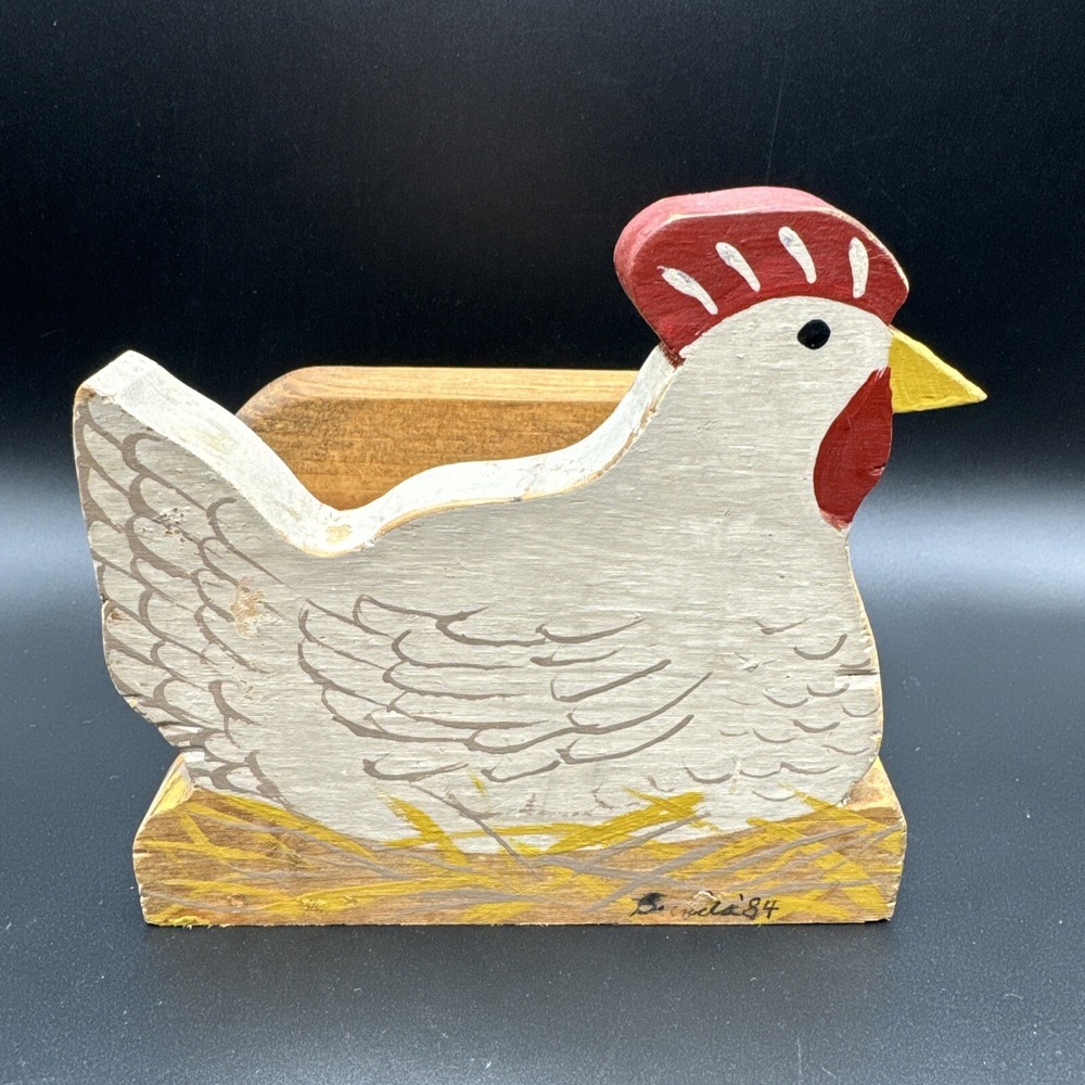 Vintage 80s Handmade Wooden Paper Napkin or Mail Holder Country Chicken Hen
